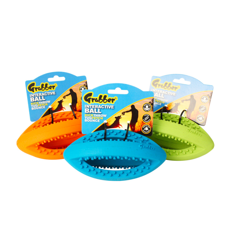 Grubber Medium Heavy Duty Rubber Dog Toy Rugby Ball Interactive Toy ASSORTED